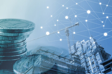 Global economic concept. Double exposure business trading trend graph on network connection and money background