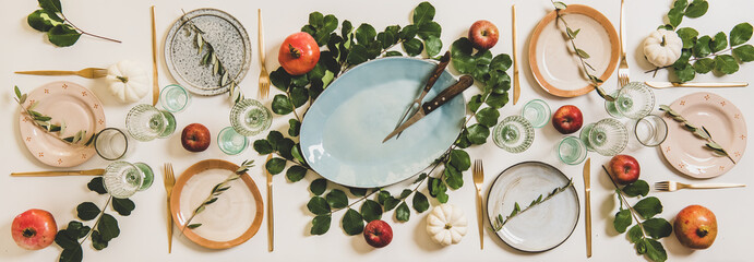 Autumn Thanksgiving, Friendsgiving, family gathering dinner table setting. Flat-lay of Fall table...