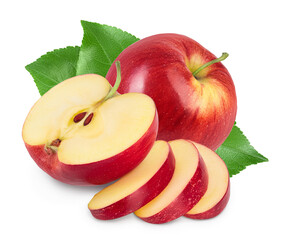 Red apple with half and slices isolated on white background with clipping path and full depth of field