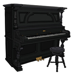 The vectorized hand drawing of a vintage black opened pianino with a chair © vostal