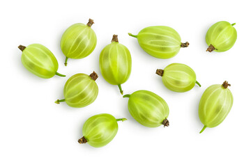 Green gooseberry isolated on white background with clipping path and full depth of field. Top view. Flat lay - obrazy, fototapety, plakaty