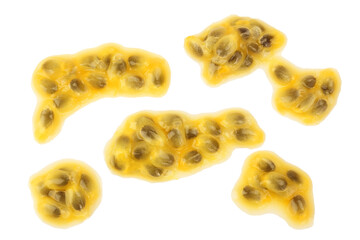 passion fruits seeds isolated on white background. maracuya . Top view. Flat lay