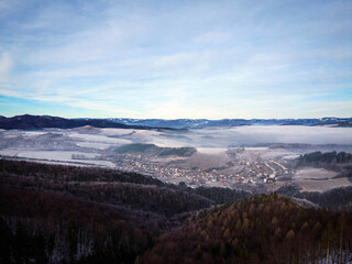 Panoramic view of villages near Lietava castle by winter, Slovakia