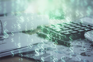Double exposure of financial chart drawings and desk with open notebook background. Concept of forex market