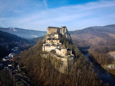Orava castle aerial view by winter morning, Czech Republic