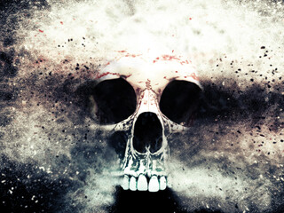 Cranium of a skull exploding into millions of particles