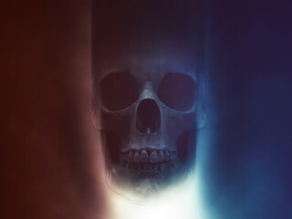 Skull in red and blue smoke with light shining from below
