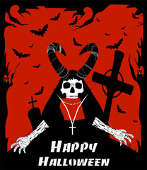 Halloween background with Devil skull on the grave and text. Red background, vector.