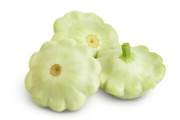 three green pattypan squash isolated on white background, Clipping path and full depth of field