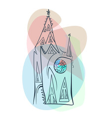 Minimalistic gothic cathedral in line style with colorful stained-glass rosette window on a transparent delicate background