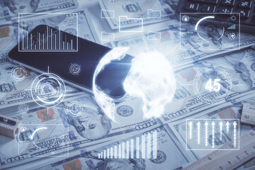 Double exposure of forex graph drawing over us dollars bill background. Concept of financial markets.