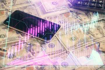 Double exposure of forex graph drawing over us dollars bill background. Concept of financial markets.