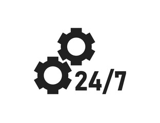 24/7 support icon. Service, gear symbol. Hour open, work logo in vector flat