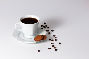 Hexagonal coffee cups with arabica coffee beans produced in Brazil on white background. With space for text