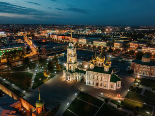 Tula Kremlin, aerial view from drone. Epiphany and Assumption Cathedrals