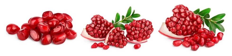 Pomegranate with leaf isolated on white background with clipping path and full depth of field. Set or collection