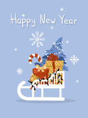 Vertical greeting card. Vector illustration. White sleigh with gifts, Christmas tree, decorations on a blue background with snowflakes.