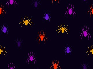 Fototapeta na wymiar Spiders seamless pattern of different colors. Halloween background with scary spiders, design for printing on flyers, invitations and wrapping paper. Vector illustration