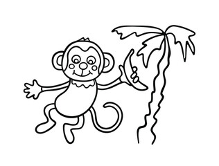 Vector black outline silhouette cartoon drawing illustration of funny jumping monkey with banana and palm tree isolated on white background.Coloring book for kids.