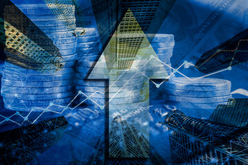 Double exposure on business network connection on finance capital city and money coin background