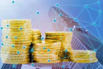 Double exposure business network connection and global economy and money  trading graph background. Trend of future digital business economy. elements of this Images furnished by NASA.
