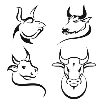 Set of bulls. Simple images of bulls - symbol of 2021. Black and white lined drawings