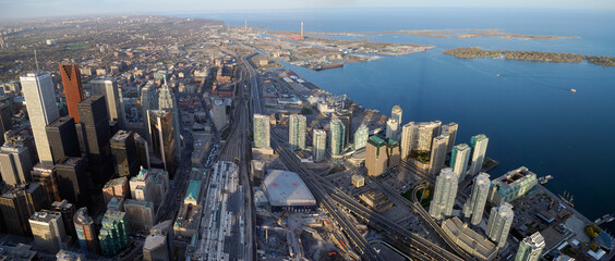 Panoramic arial view of Toronto financial district and Harbourfront