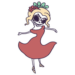 Latino woman dancing on white isolated backdrop. Day of the dead symbol for invitation or gift card, notebook, bath tile, scrapbook Phone case or cloth print Doodle style stock vector illustration