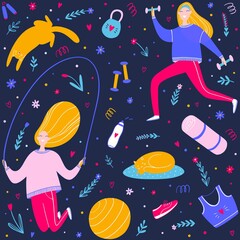Seamless pattern with happy girls doing sport and funny sleeping cats on dark blue background.