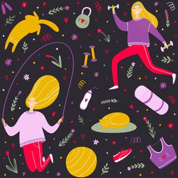 Seamless pattern with happy girls doing sport and funny sleeping cats on purple background.