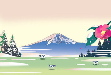 Fototapeta na wymiar 牧場の牛と富士山に朝陽