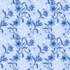 Fototapeta na wymiar Seamless pattern with flowers and leaves on blue background.