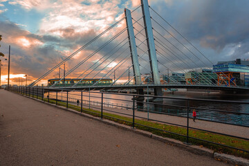 Helsinki, Uusimaa, Finland October 13, 2020 Bridge to Yatkäsaari Island and walking tram