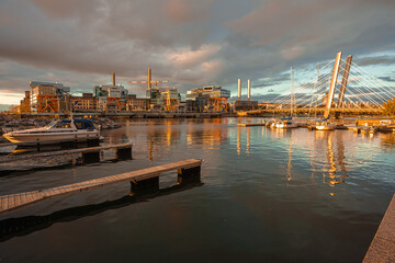 Helsinki, Uusimaa, Finland October 13, 2020 View of the canal and yachts. Autumn evening on the island of Jätkäsaari