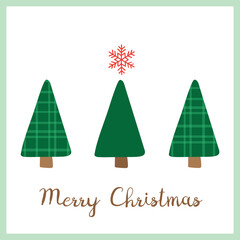Cute Merry Christmas greeting card with handwritten lettering and stylish green plaid trees illustration. Vector design element. Great for stickers, labels, tags, and icons.