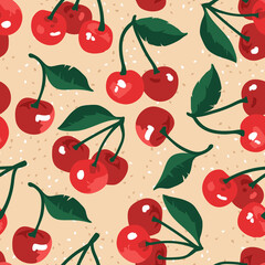 Vector summer pattern with sweet cherries and leaves. Seamless texture design.