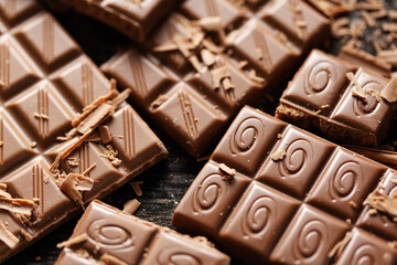 Broken chocolate bars on dark background