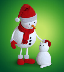 3d render, cute snowman and snow cat, Christmas character illustration, holiday clip art isolated on green background
