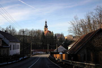 Obraz premium Cozy village winter view near Cesky Krumlov, Czech Republic