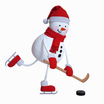 3d render, funny snowman plays hockey, Christmas character illustration, holiday clip art isolated on white background