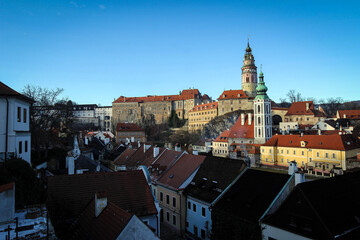 Fototapeta na wymiar Panoramic view of Cesky Krumlov historic town and castle tower, Czech Republic