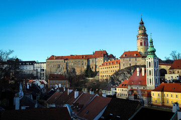 Fototapeta premium Panoramic view of Cesky Krumlov historic town and castle tower, Czech Republic