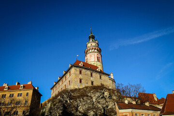 Fototapeta na wymiar Colorful tower of Cesky Krumlov castle, Czech Republic