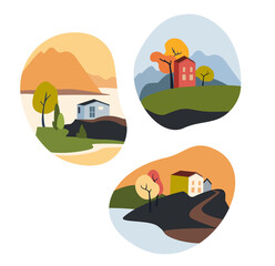 Fall landscapes vector set,. House by the sea.