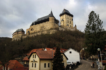 Fototapeta na wymiar Karlstein Castle general view by winter, Czech Republic