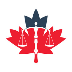 Maple Leaf Law logo vector with judicial balance symbolic of justice scale in a pen nib. Canadian Leaf Balance with Pen Nib vector template design.