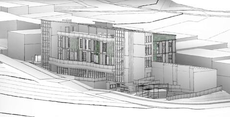 Sketch de edificio con volumetrías del contexto y topografía.