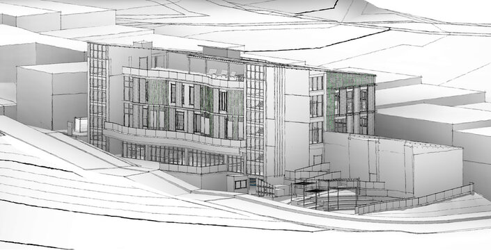 Sketch de edificio con volumetr&iacute;as del contexto y topograf&iacute;a.