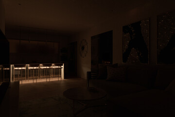 A series of illusions showing interior lighting. Interior design of the kitchen and living room with included lighting spots above the kitchen cabinets. Night render of a kitchen with a cooking island