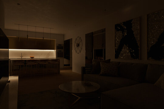 3d illustration of the interior design of a living room combined with, a kitchen and a large recreation area and a huge panoramic window to the floor overlooking the night city.